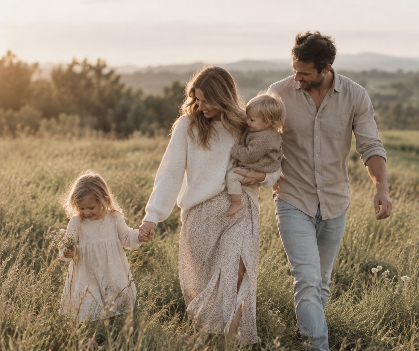 Familie beim Spaziergang durch ein Feld